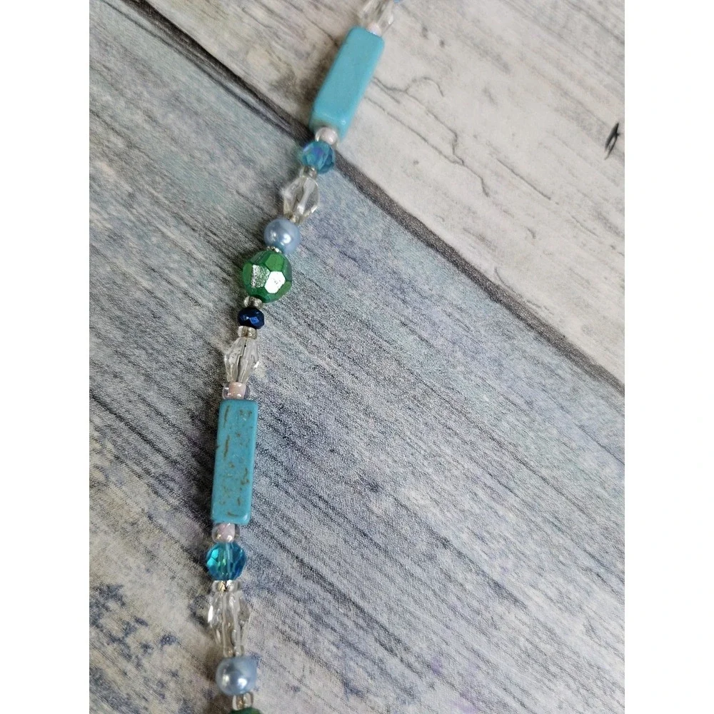 Teal Blue Cat's Eye Heart Crystal‎ Beads Toggle Clasp Necklace Turquoise 20